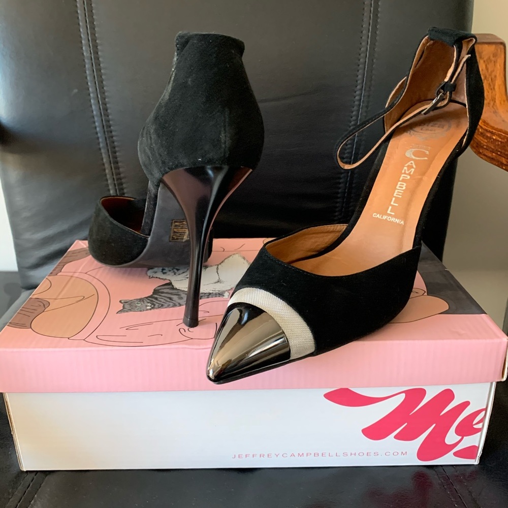 Black suede pewter ankle strap pumps size 10